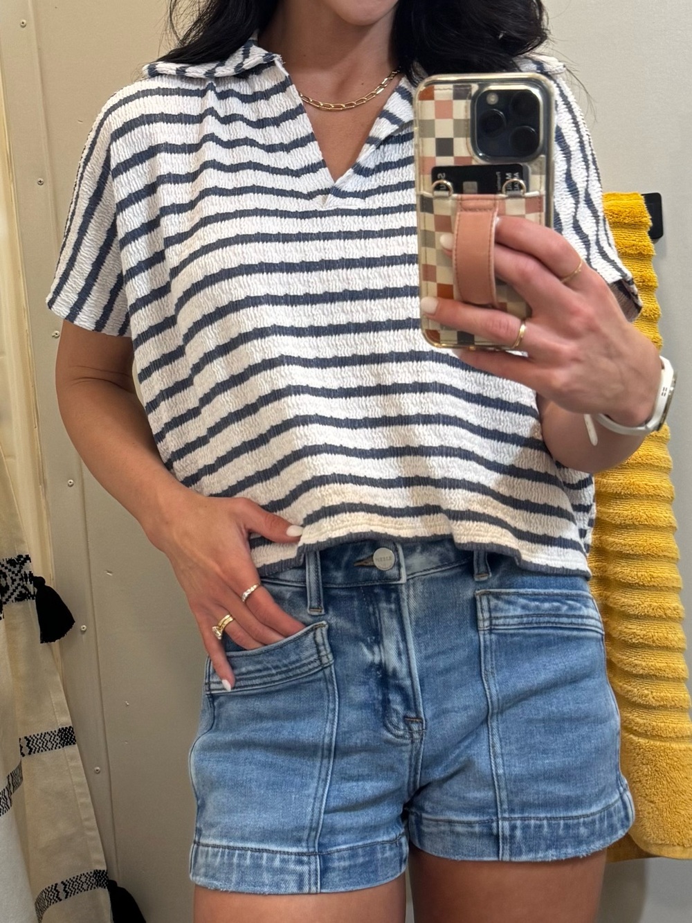 White and Denim colored Striped Summer Cropped Collared Top